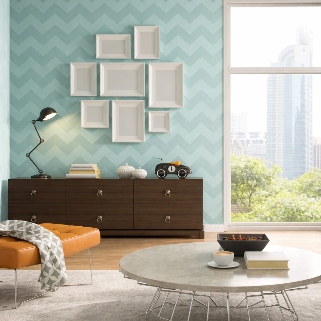 3D stylish decoration wallpaper with modern chevron pattern in daylight interior setting in dubai UAE.
