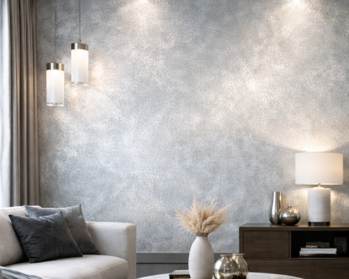 Silver metallic foil wallpaper on modern apartment wall